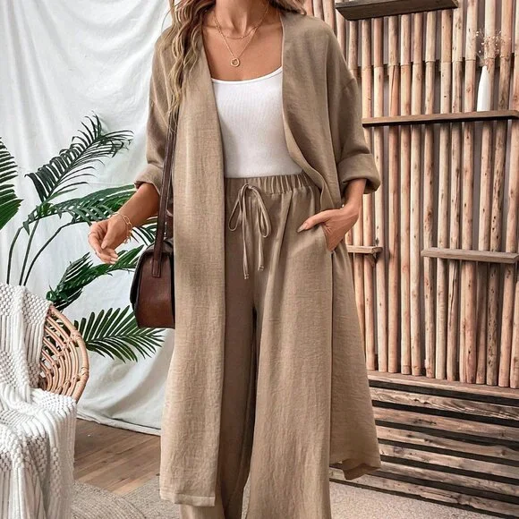 Khaki Casual Women's Loose Long Coat And Wide Leg Pants Set